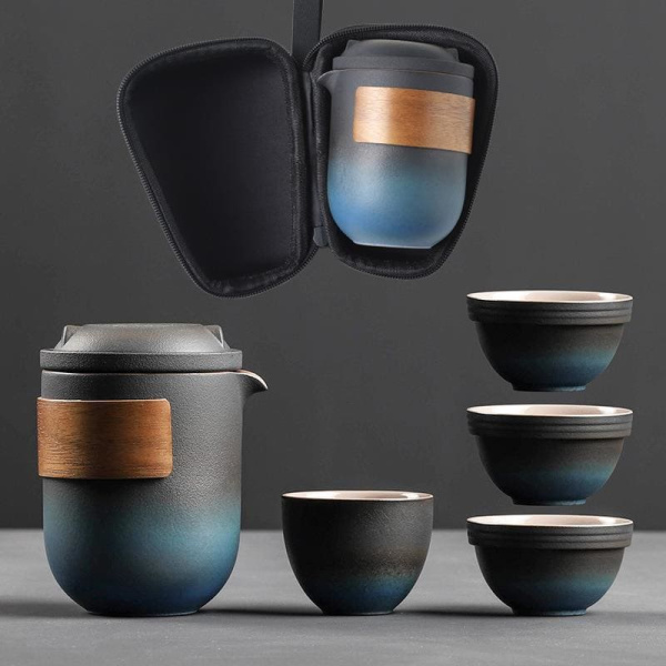 Чайный набор портативный с чехлом ( 5 предметов) Черно-синий