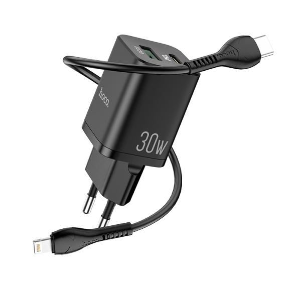 Сетевое зарядное устройство HOCO N13 30W Type-C/USB с кабелем Lightning/Type-C (Черный)