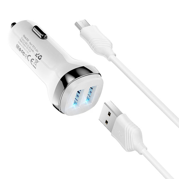 Автомобильное зарядное устройство HOCO Z40 Superior 2*USB + Кабель MicroUSB 2.4A (Белый)