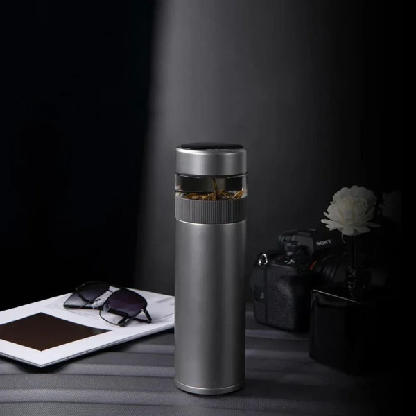 Термос для заваривания чая Qujia Pure Titanium с индикатором температуры 520ml (Dark grey)