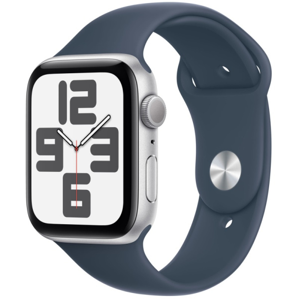 Apple Watch SE 2023, 44 мм, корпус из алюминия серебристого цвета, спортивный ремешок цвета «грозовой синий», размер