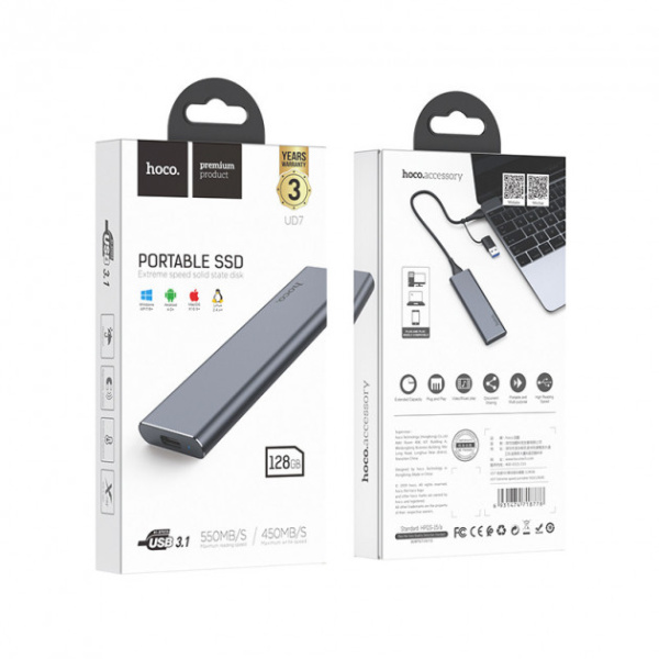 Внешний накопитель SSD Hoco UD7 128GB (USB/Type-C) Серый