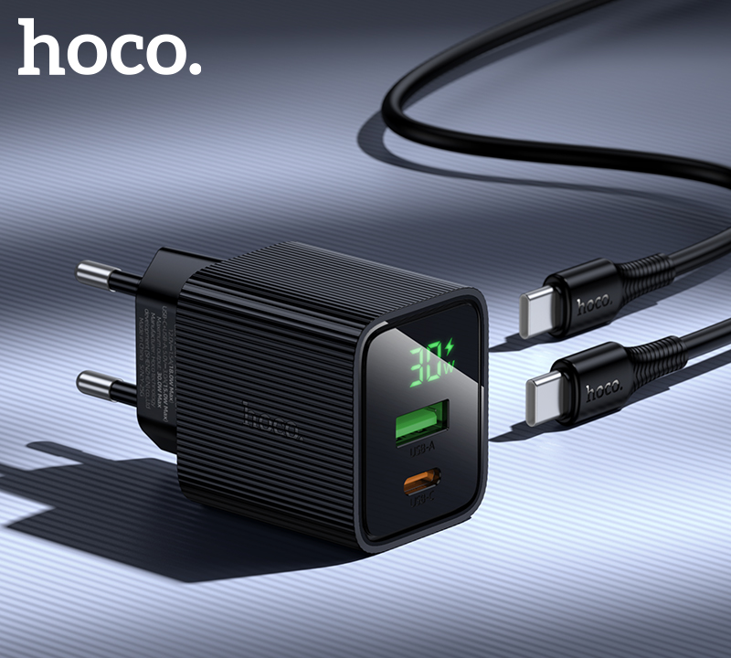 Чёрный Hoco CS84A: цифровой дисплей, USB-C, USB-A и комплектный кабель