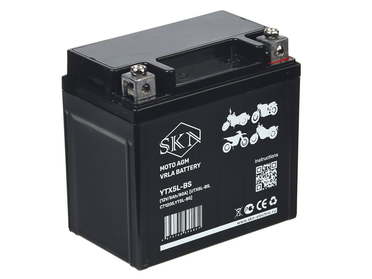 Аккумулятор стартерный для мототехники SKN YTX5L-BS (12V/5Ah/80A) [UTX5L-BS, CT1205, YT5L-BS]