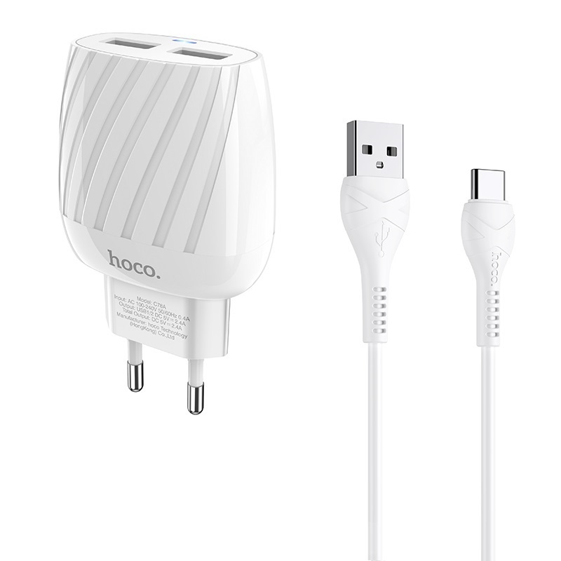 Зарядное устройство HOCO C78A Max energy 2USB + Кабель USB-Type-C, 2.4A, белый