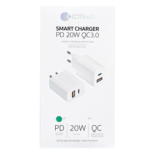 Зарядное устройство COTEetCI SMART CHARGER Type-C+USB 20W (CS8870-U)