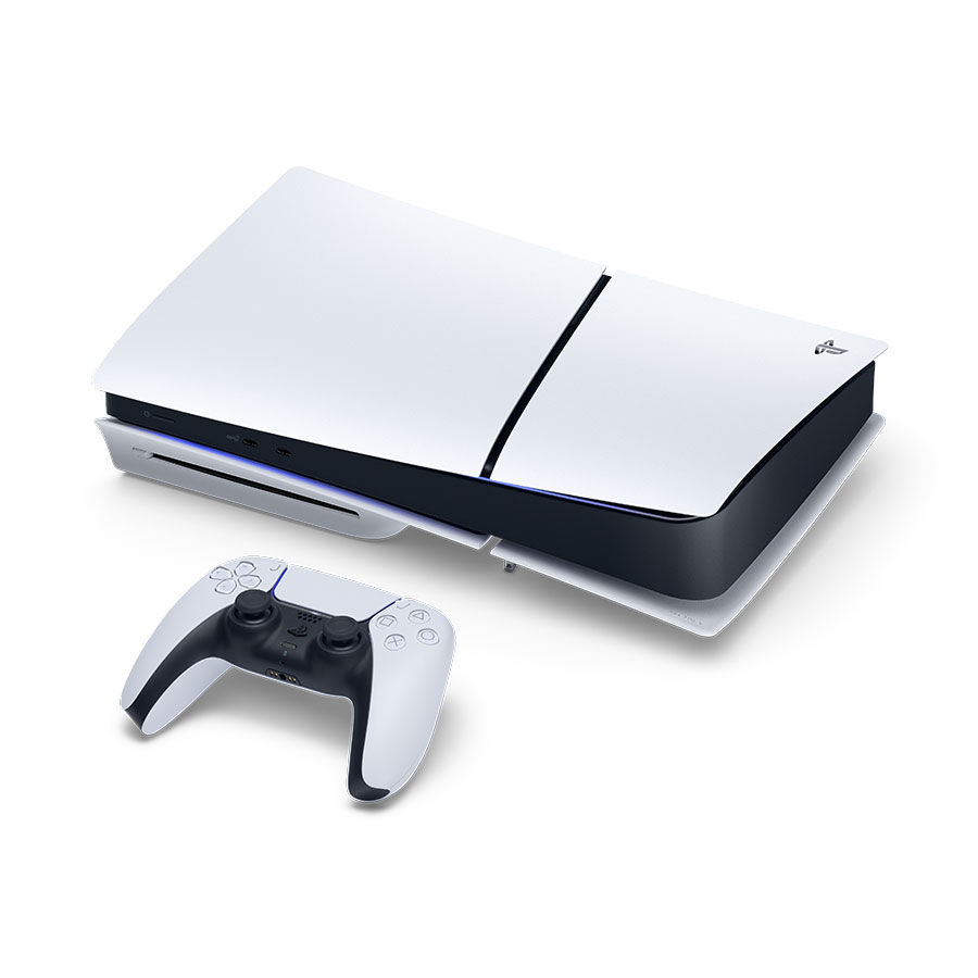 PS5 Slim с дисководом и DualSense — горизонтальный ракурс
