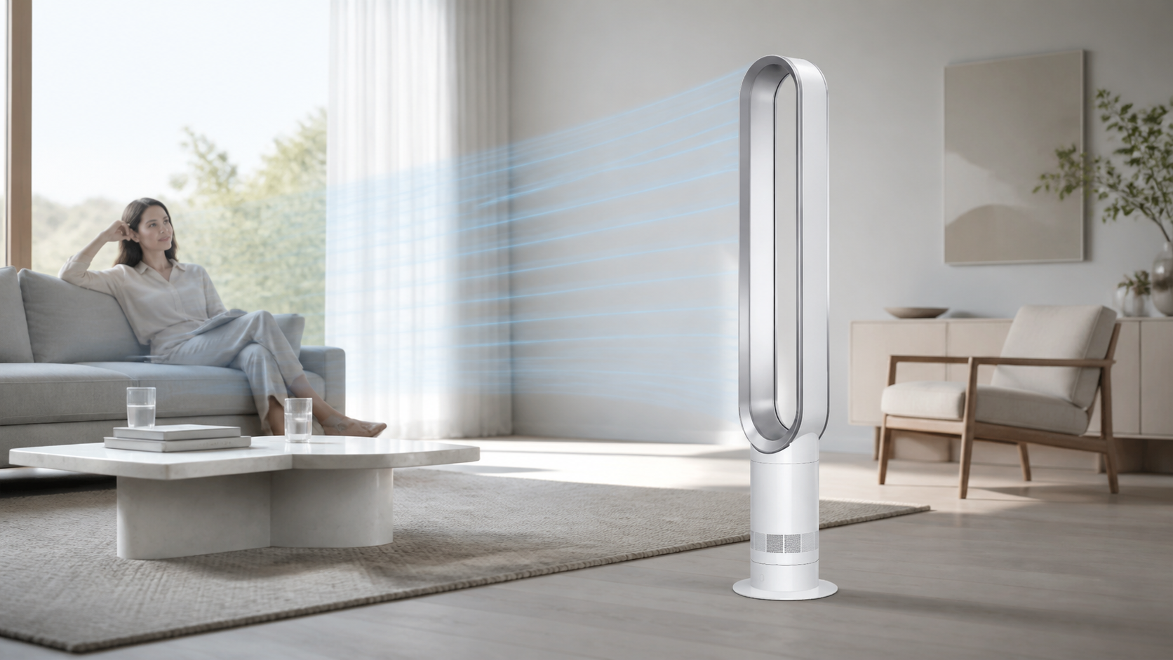 Dyson Cool AM07 White/Silver в светлой гостиной