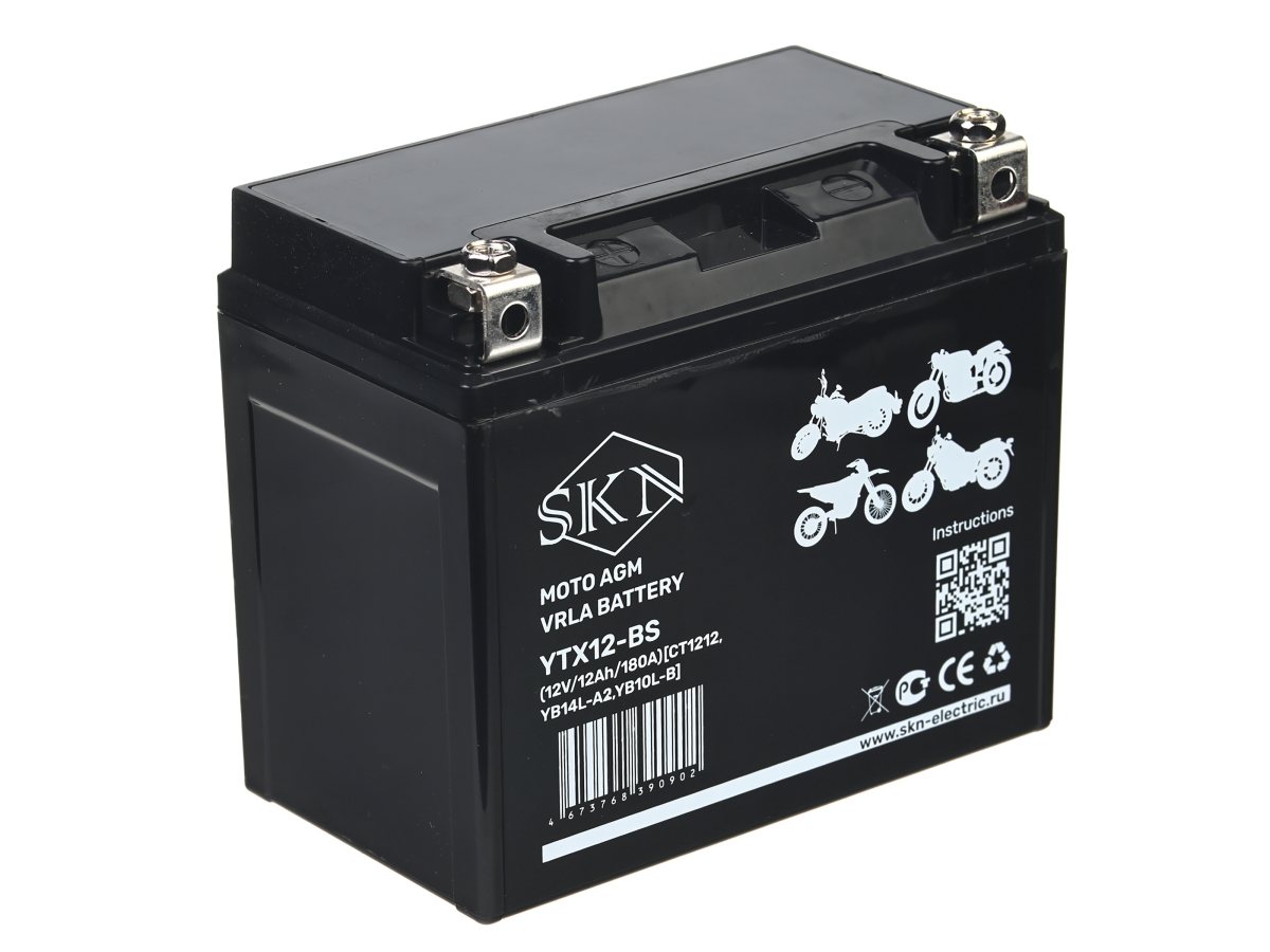 Аккумулятор стартерный для мототехники SKN YTX12-BS (12V/12Ah/180A) [CT 1212, YB14L-A2, YB10L-B]