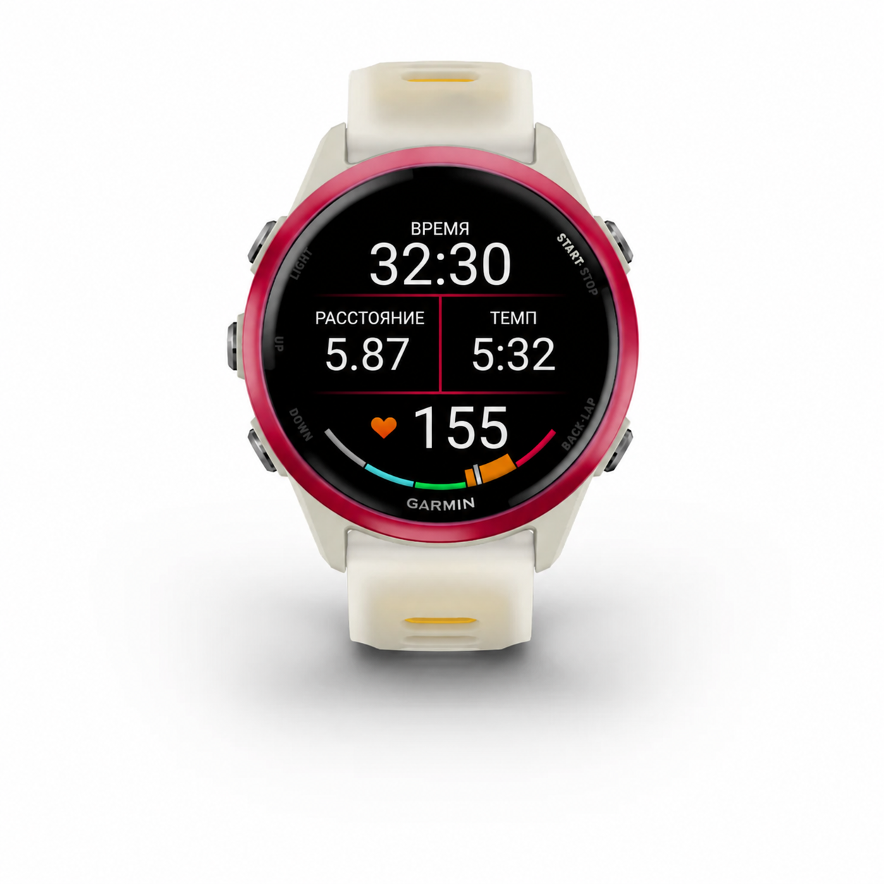 Garmin Forerunner 570 42 мм Raspberry / Mango — пример беговых показателей на экране