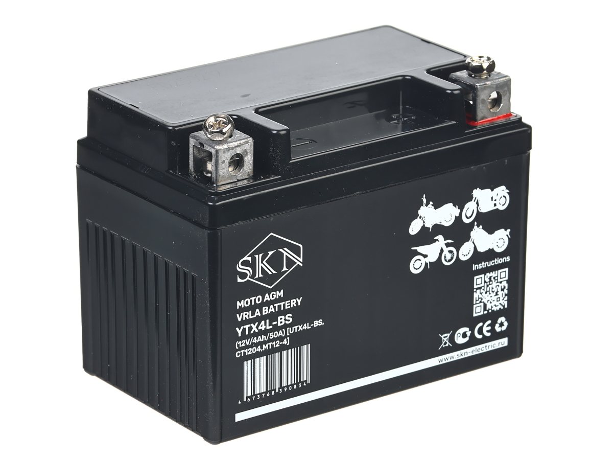 Аккумулятор стартерный для мототехники SKN YTX4L-BS (12V/4Ah/50A) [UTX4L-BS, CT 1204, MT 12-4]