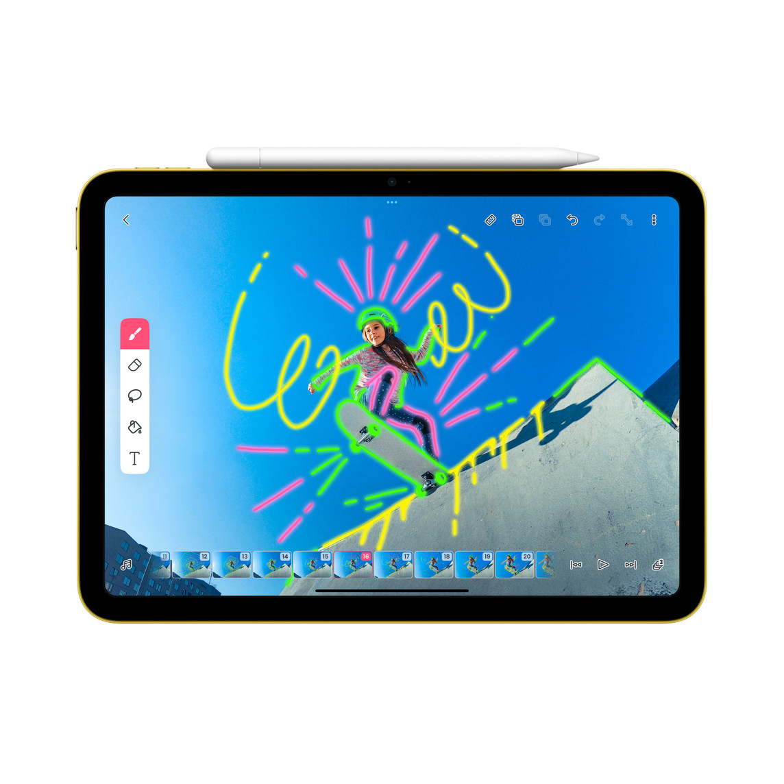 Apple Pencil USB-C на боковой стороне iPad; планшет продаётся отдельно