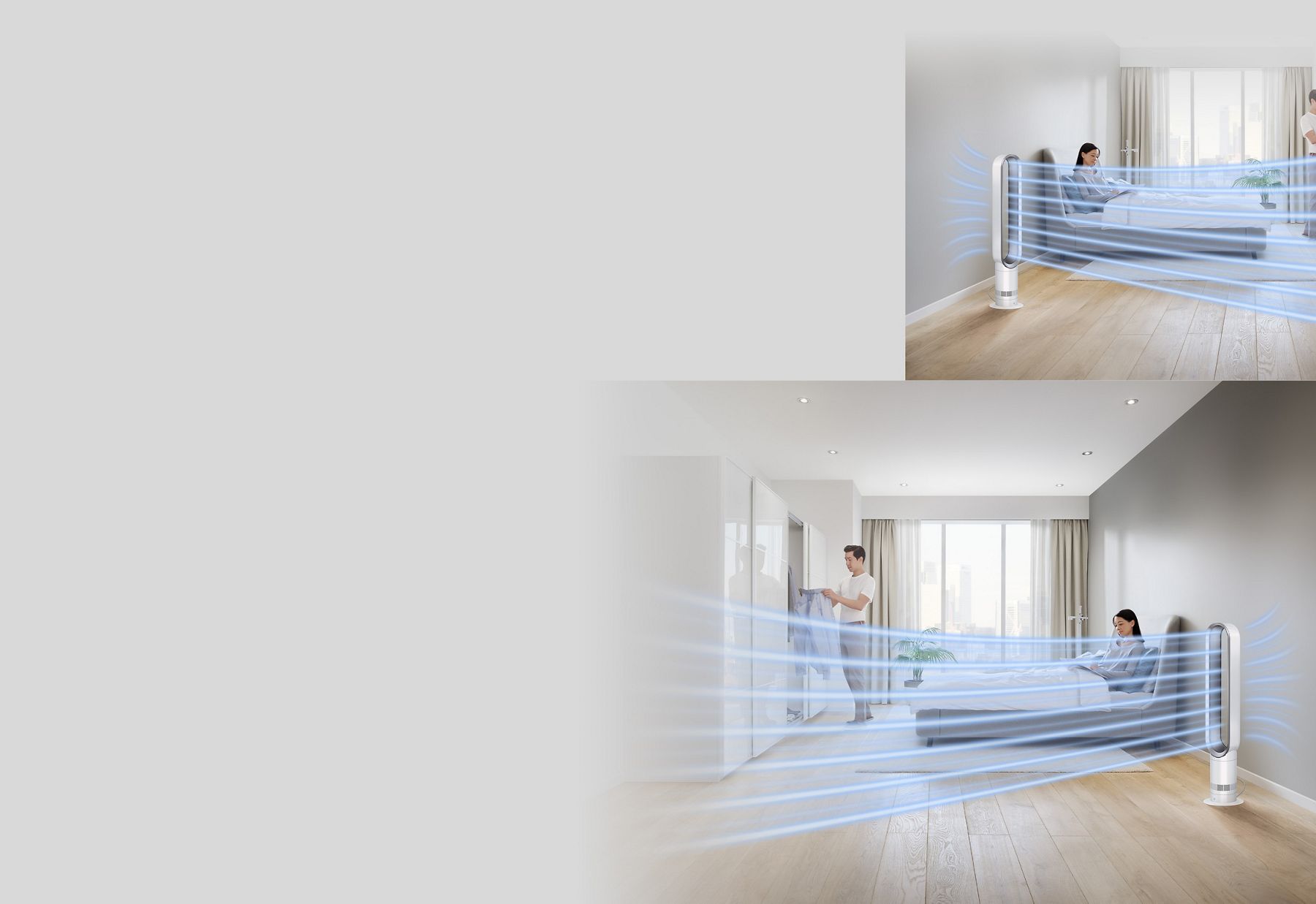Dyson Cool AM07 распределяет поток воздуха в спальне