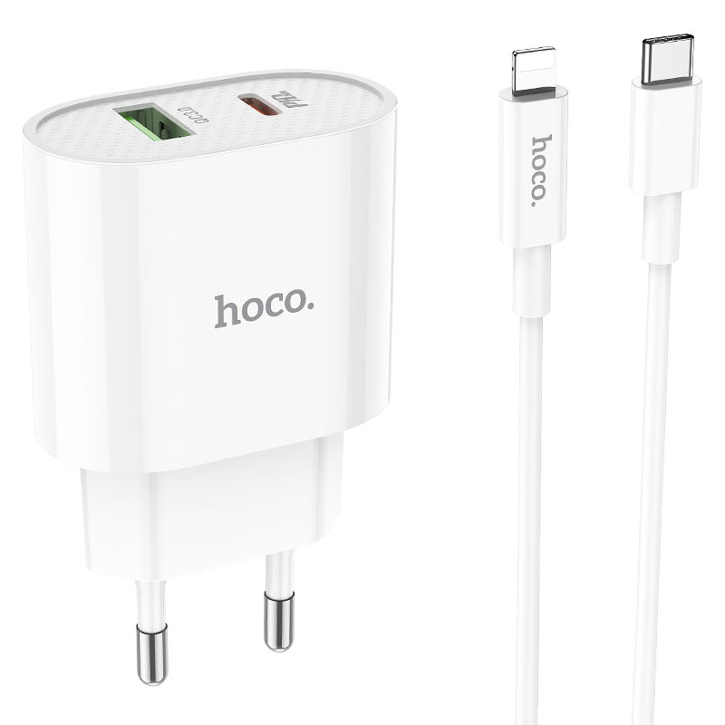 Сетевое зарядное устройство Hoco C95A PD 20W QC3.0  2 выхода USB и Type-C с кабелем Type-С Lightning