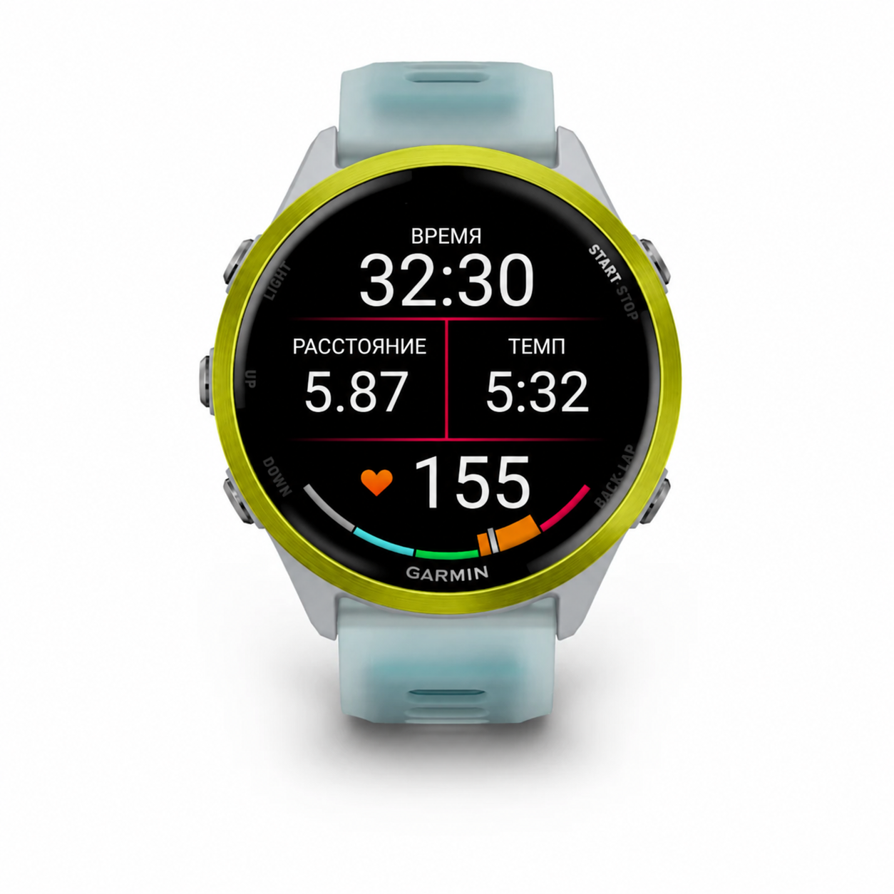 Garmin Forerunner 570 47 мм, жёлтый безель и бирюзовый ремешок — экран беговых показателей