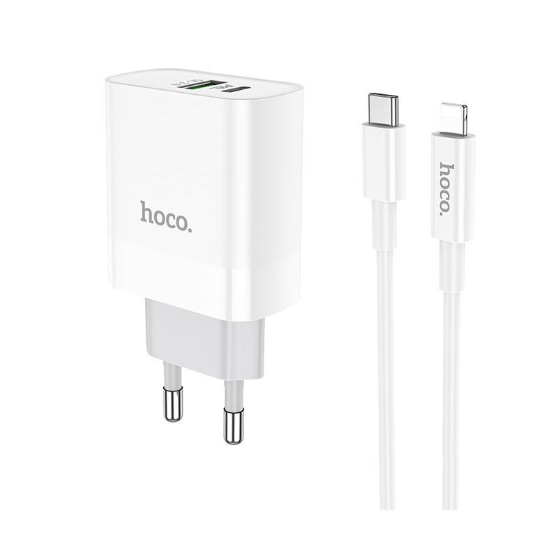 Сетевое зарядное устройство HOCO C80A 20W Type-C/USB с кабелем Lightning/Type-C (Белый)