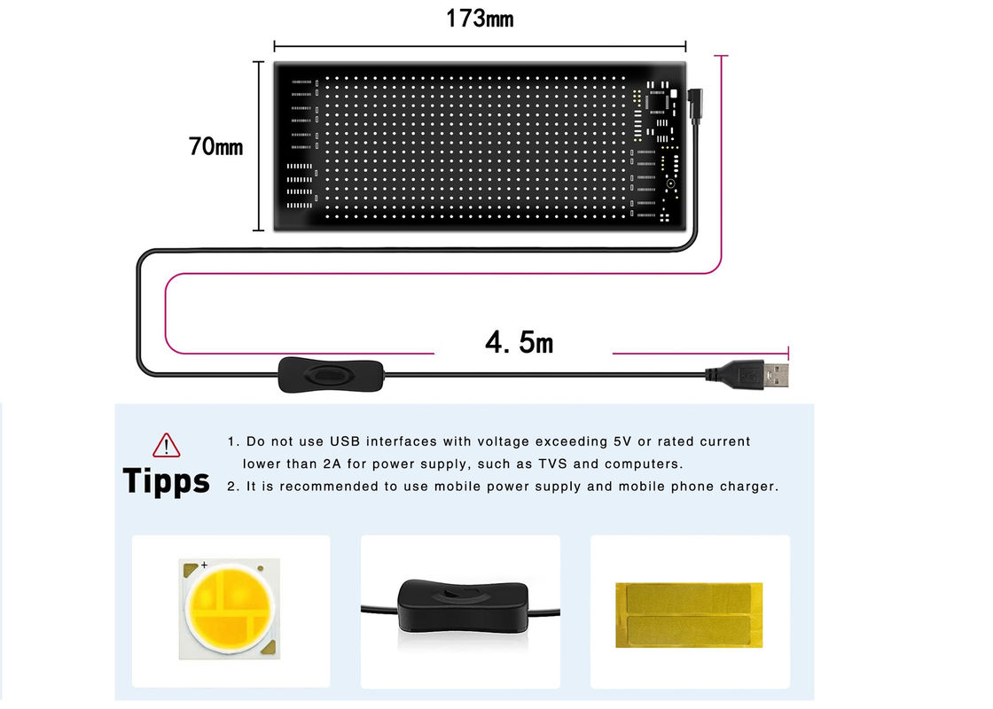 LED-панель 6006 16×32: размеры 173 × 70 мм и USB-кабель