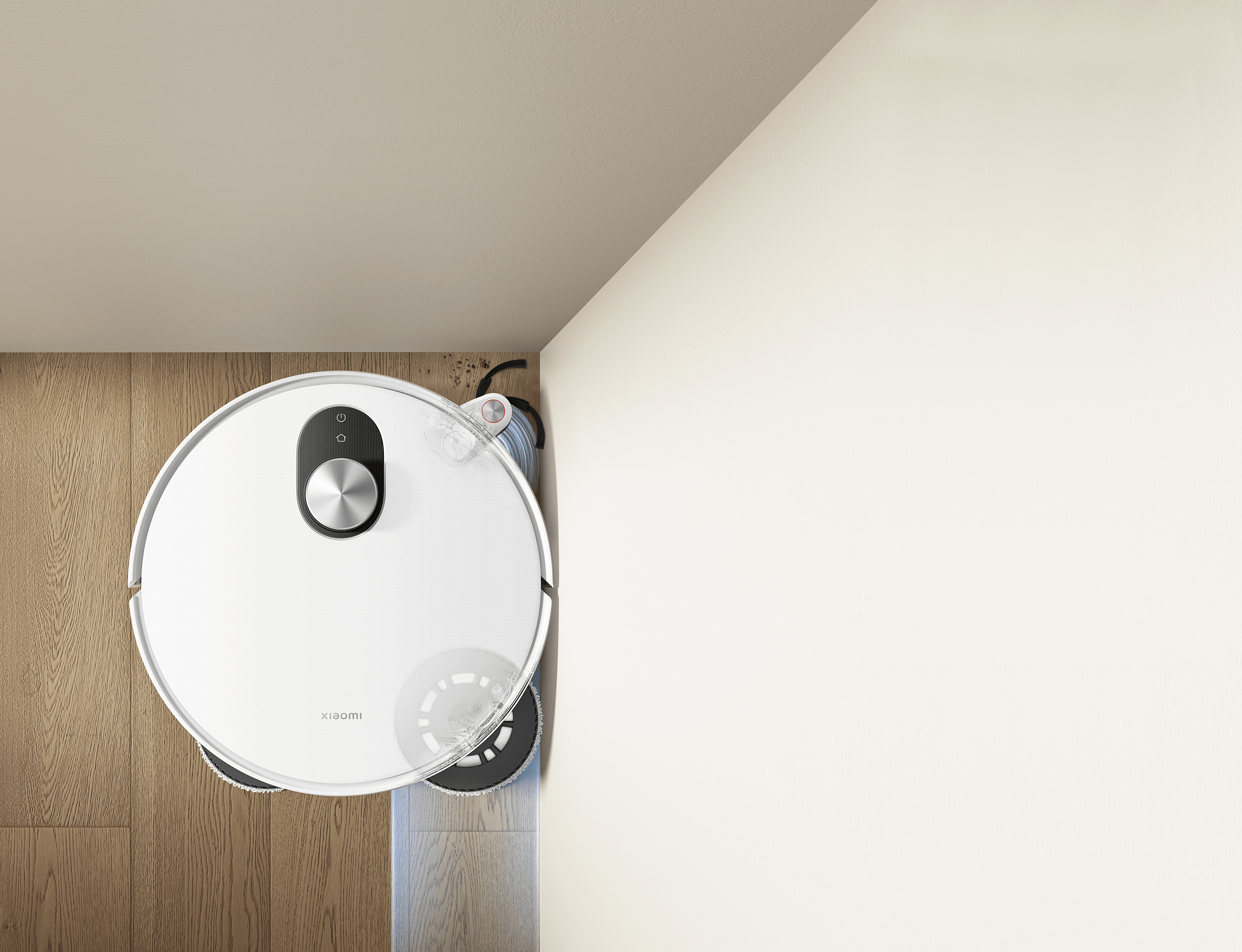 Выдвижные щётка и салфетка Xiaomi Robot Vacuum 5 у края мебели Выдвижные щётка и салфетка Xiaomi Robot Vacuum 5 у края мебели