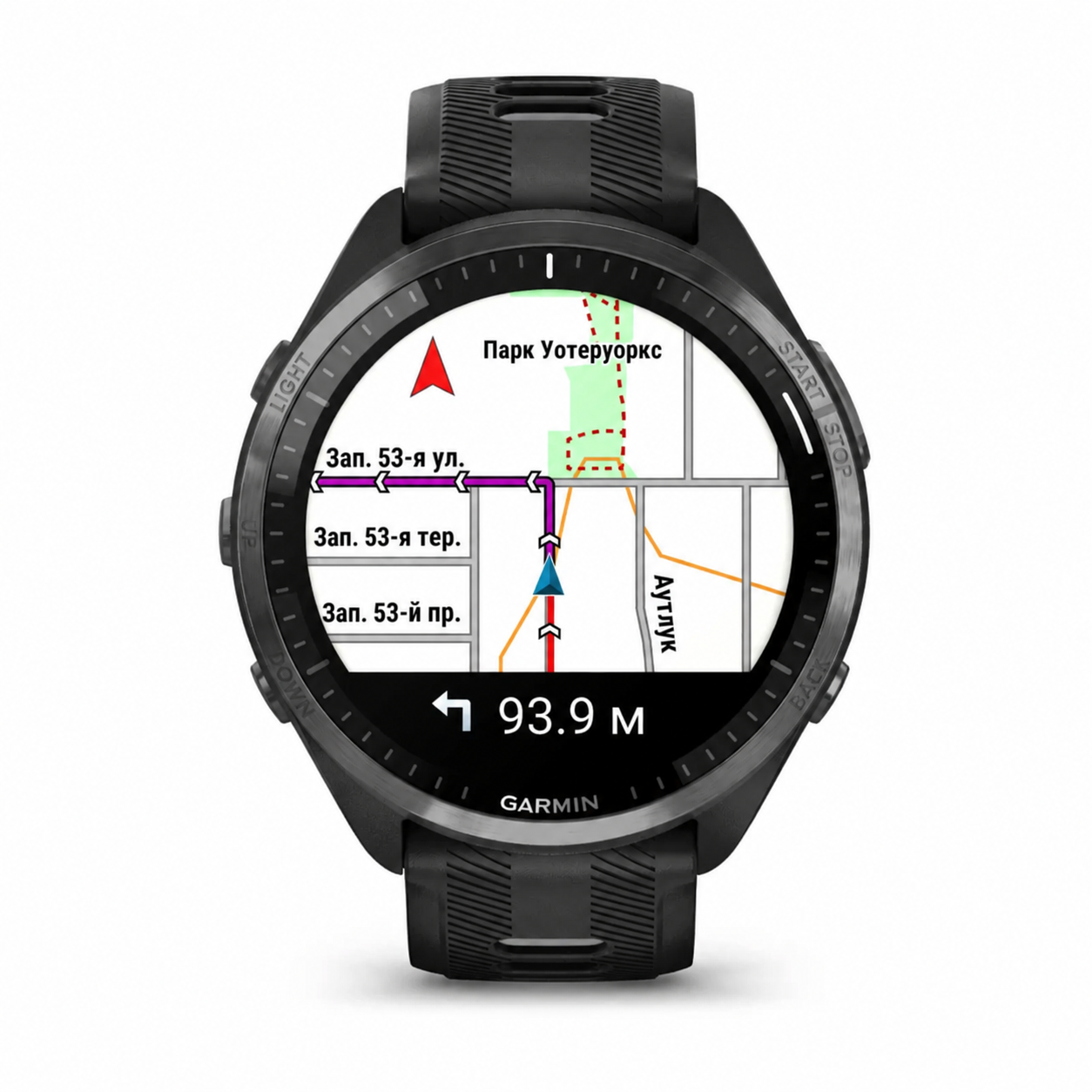 Garmin Forerunner 965: карта с указанием маршрута, поворота и расстояния 93.9 м
