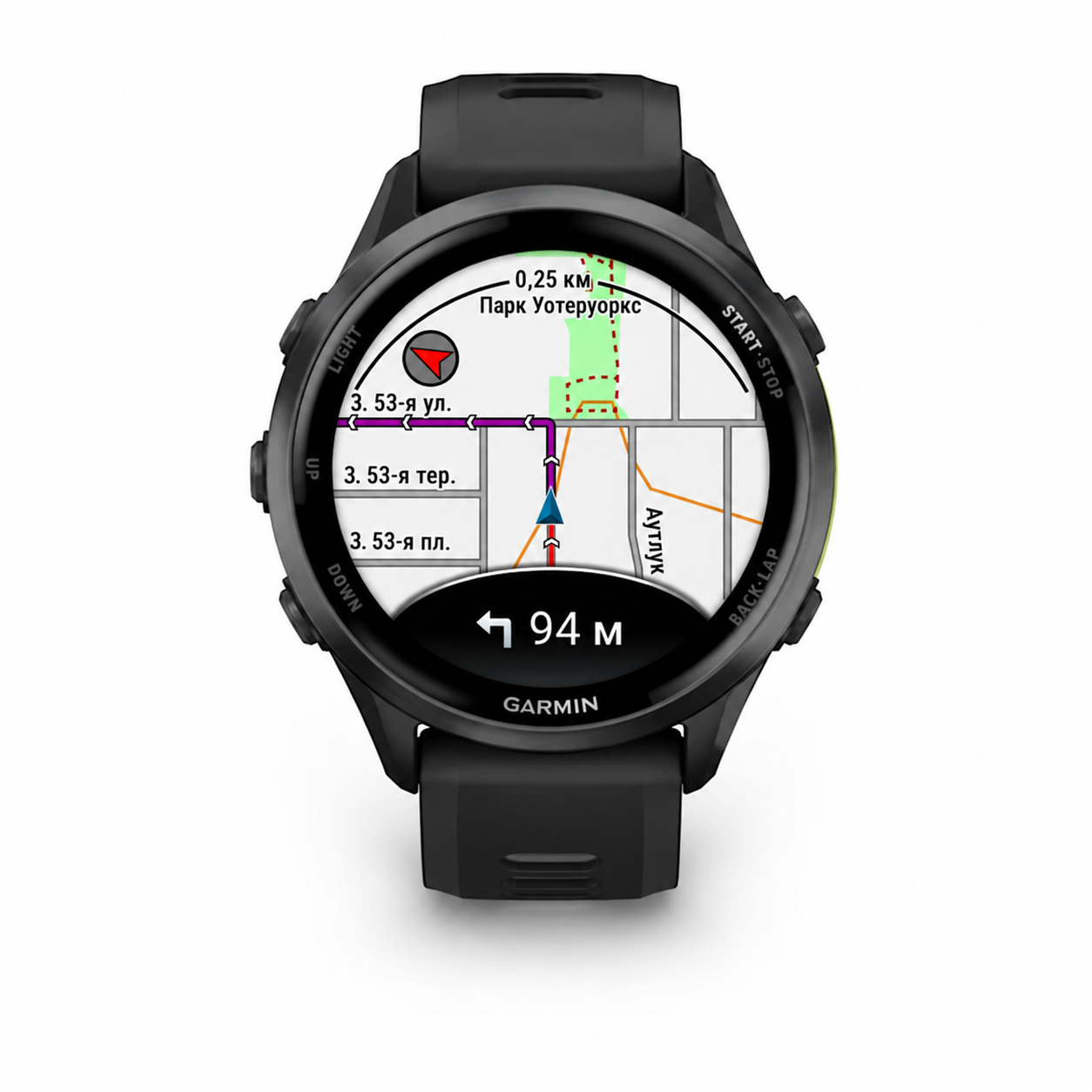 Garmin Forerunner 970: экран карты с маршрутом, положением и поворотом через 94 метра — русская адаптация официального примера
