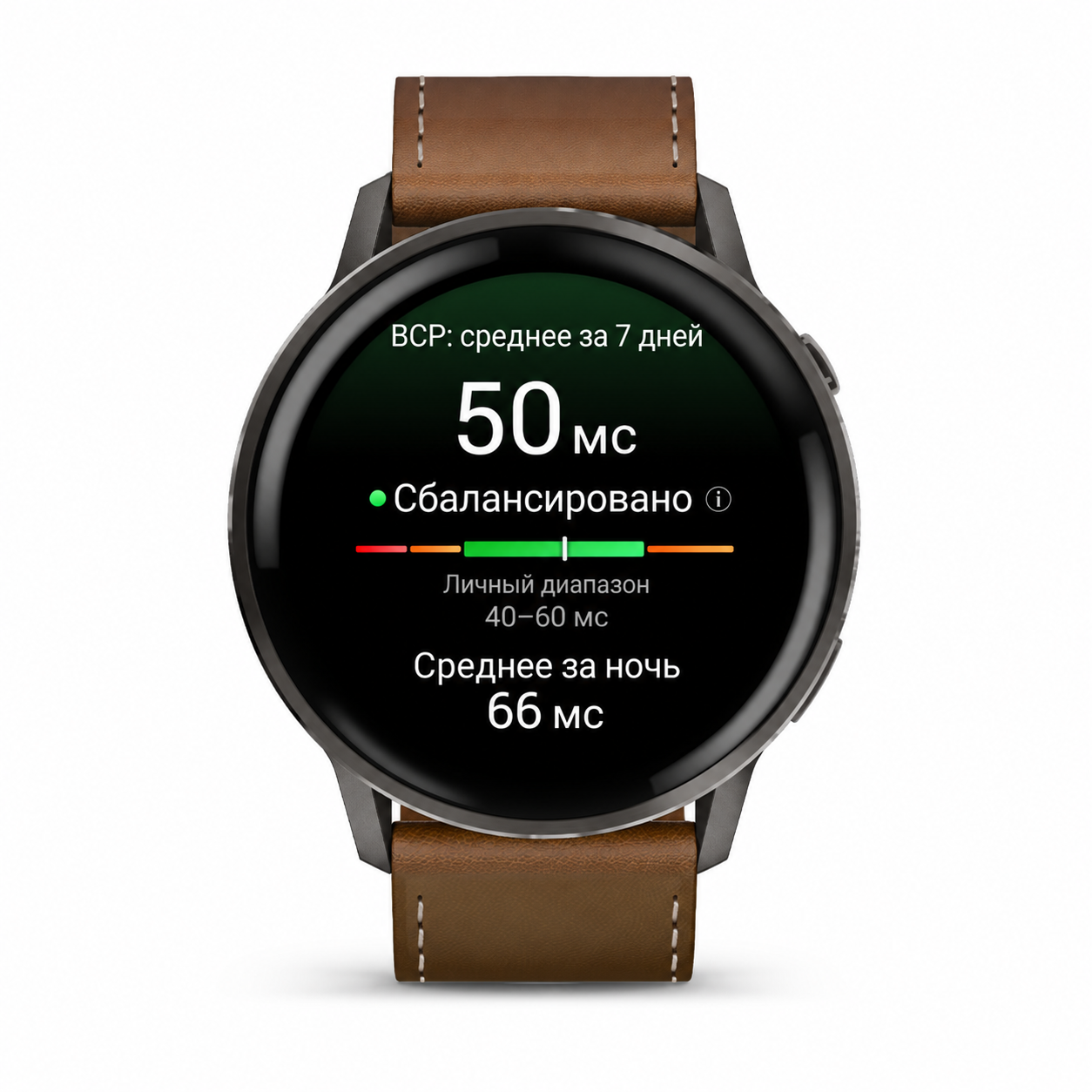 Вариабельность сердечного ритма на Garmin Venu 4 Garmin Venu 4: средняя ВСР за 7 дней 50 мс, личный диапазон 40–60 мс и среднее за последнюю ночь 66 мс