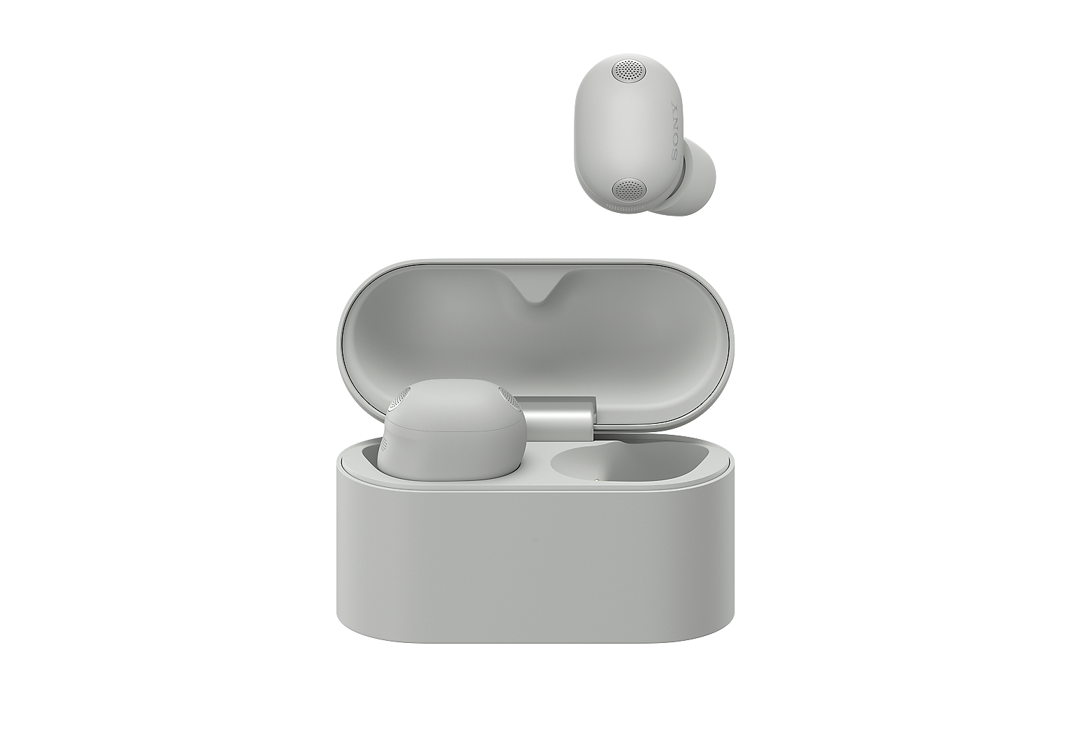 Sony WF-1000XM6 Platinum Silver: открытый кейс и отдельный наушник