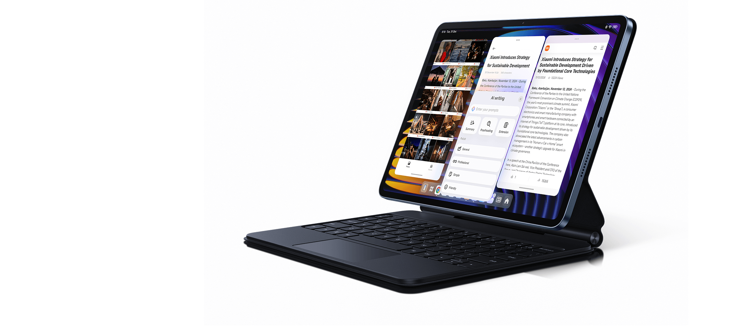 Официальная иллюстрация Xiaomi Pad 7 с несколькими окнами приложений и Focus Keyboard