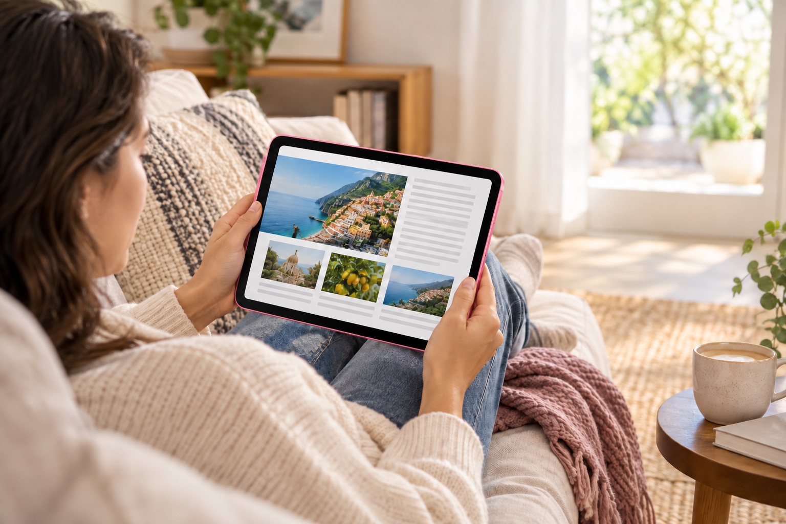 Розовый iPad в руках во время чтения статьи — иллюстрация использования