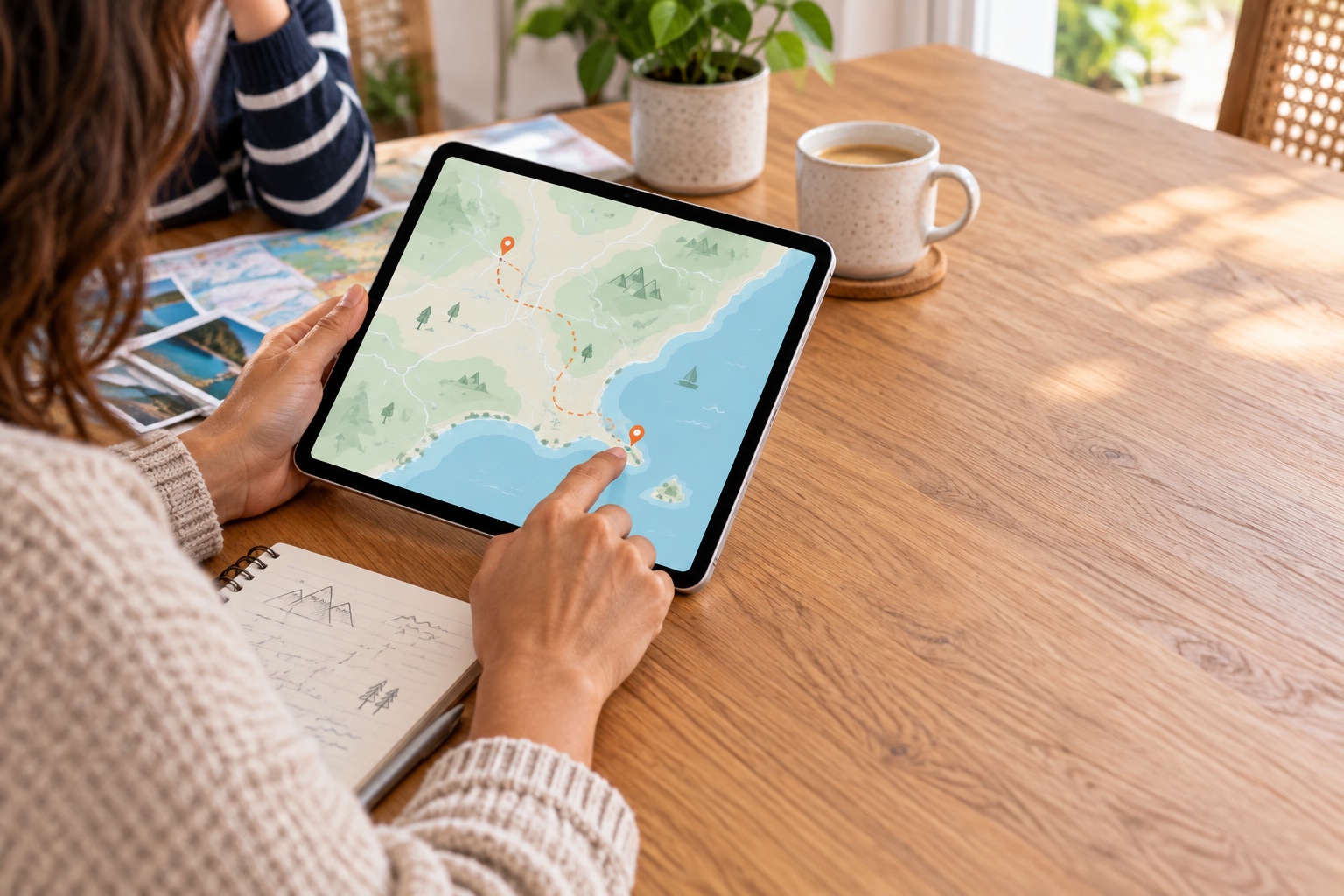 Серебристый iPad в руках при планировании поездки — иллюстрация использования