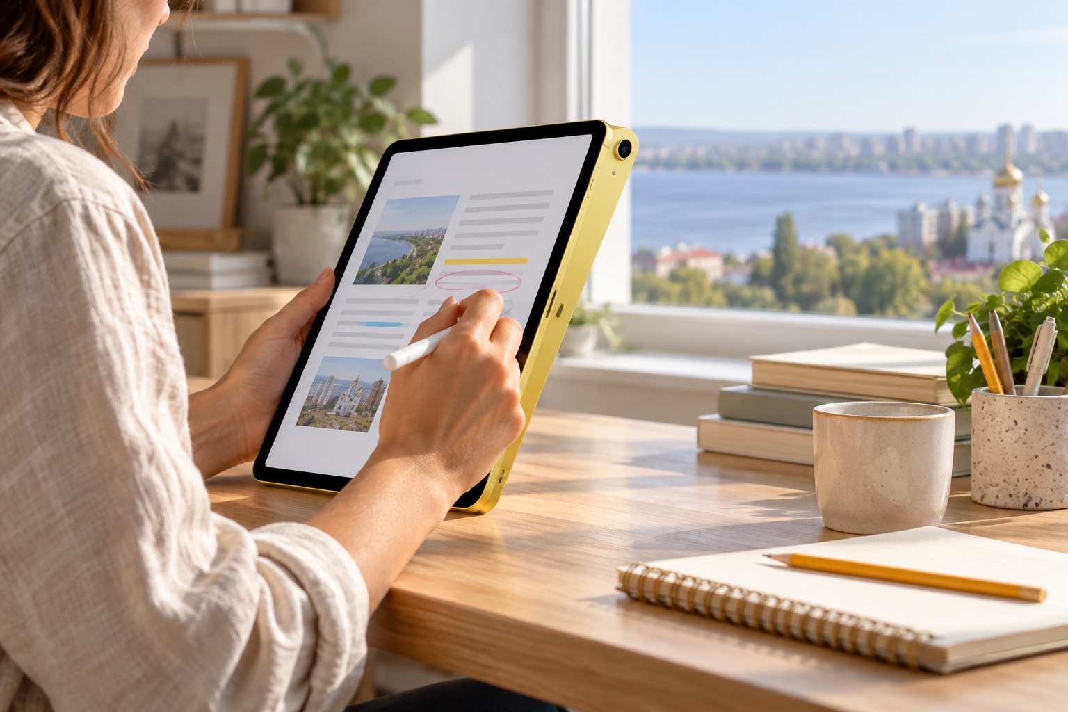 Жёлтый iPad в руках во время работы с документом — иллюстрация использования