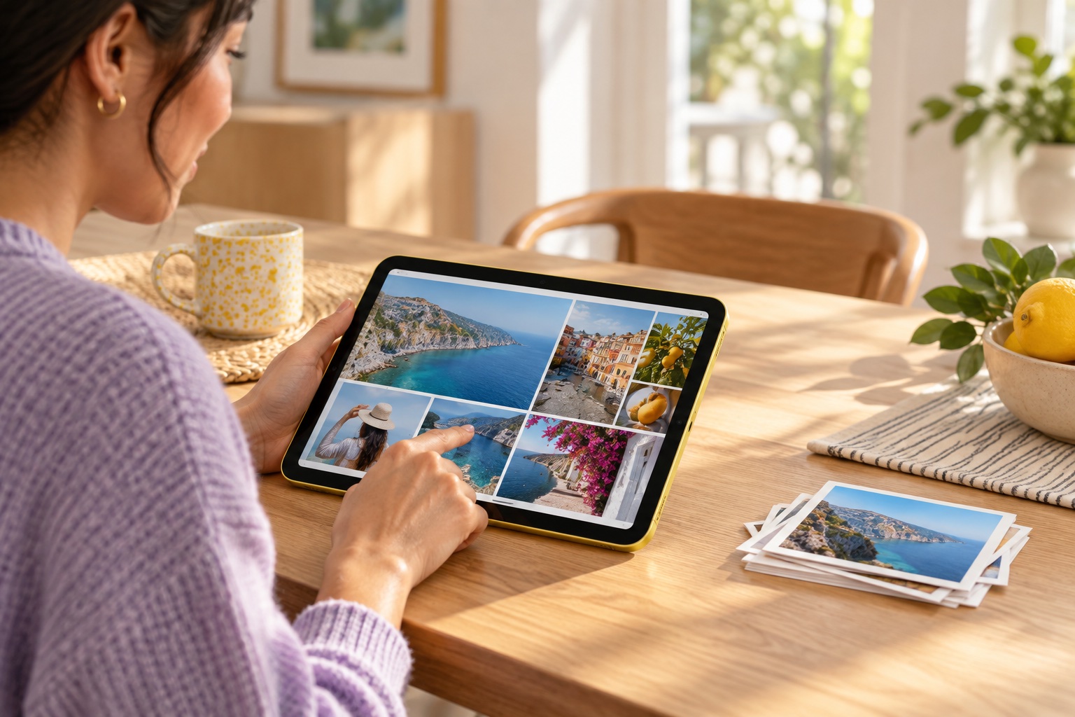 Жёлтый iPad на столе при просмотре фотографий — иллюстрация использования