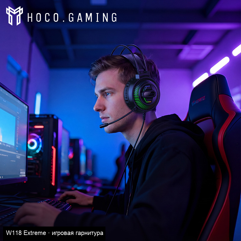 Игрок в чёрной Hoco W118 за компьютером: пример посадки гарнитуры