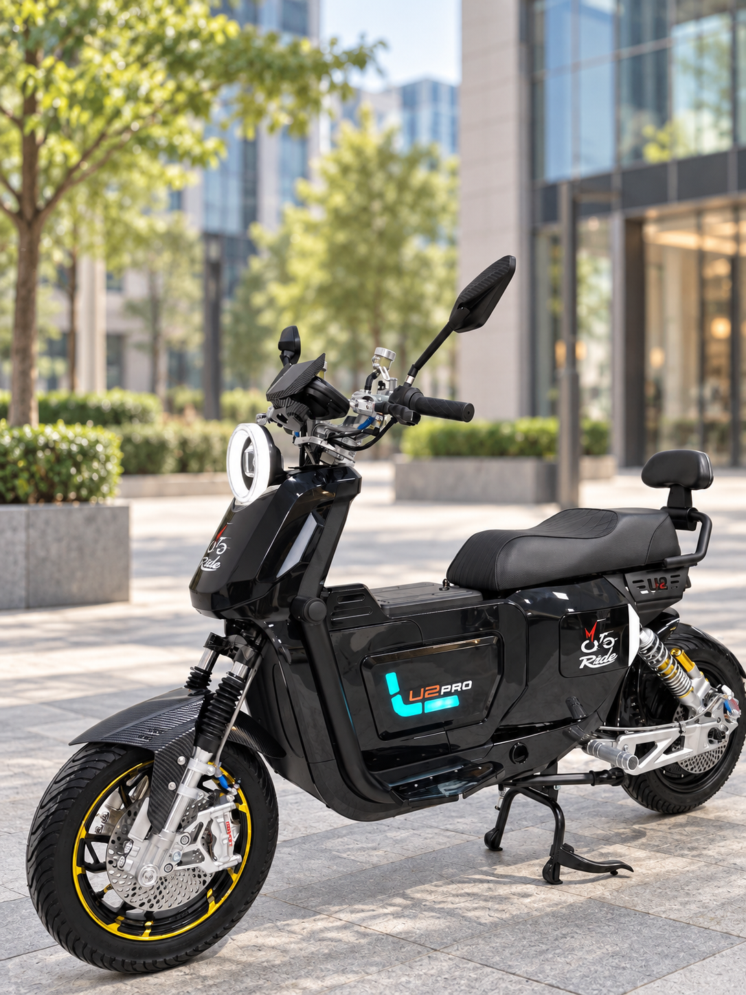 Чёрный электроскутер Motoride U2 Pro Premium без аккумулятора, вид спереди сбоку