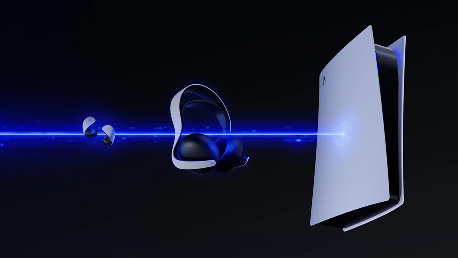 Иллюстрация Sony: гарнитура PULSE Elite, наушники PULSE Explore и PS5 соединены PlayStation Link