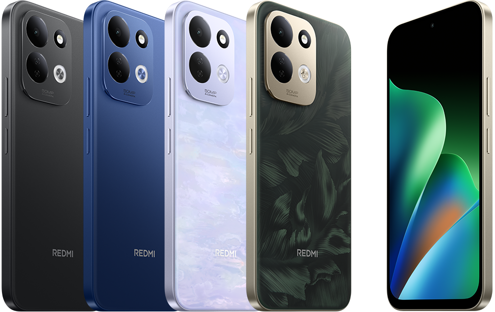Redmi 17: чёрный, тёмно-синий, сиреневый и зелёный корпуса, вид спереди и сзади