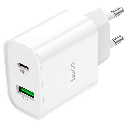 Сетевое зарядное устройство Hoco C80A Plus Rapido, PD 20 Вт, USB-C + USB-A, кабель USB-C — USB-C 1 м, EU, белое