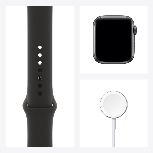 Apple Watch Series SE, 40 мм (корпус из алюминия цвета «серый космос», спортивный ремешок чёрного цвета)