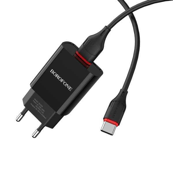 Зарядное устройство BOROFONE BA20A 2.1, one USB, Type-C cable, Black