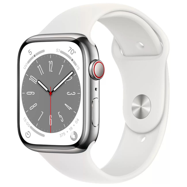 Смарт-часы Apple Watch S8, 45 mm, корпус из алюминия серебристого цвета, спортивный ремешок «White»