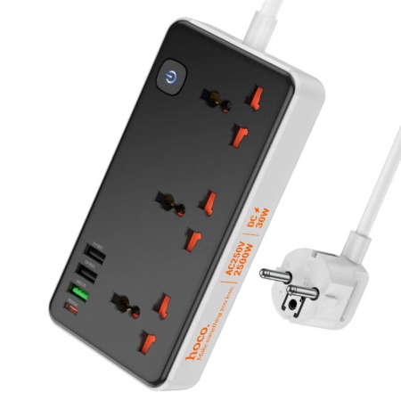 Сетевой фильтр Hoco AC8A (3гнезда,2*USB, 1*QC3.0, 1*PD30W) черный 1.5м