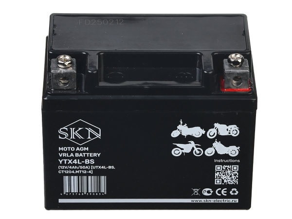 Аккумулятор стартерный для мототехники SKN YTX4L-BS (12V/4Ah/50A) [UTX4L-BS, CT 1204, MT 12-4]