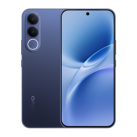 Смартфон vivo V70 FE в цвете «Глубинный синий» — вид спереди и сзади