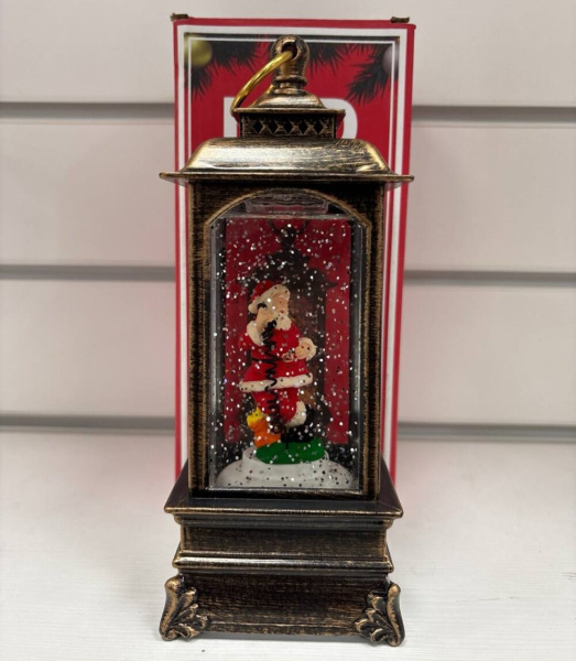 Фонарь новогодний 20см Коричневый корпус/Дед Мороз