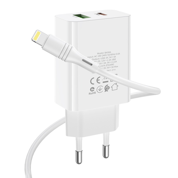 Сетевое зарядное устройство Borofone BA56A USB+Type-C (Кабель Type-C - Lightning) White