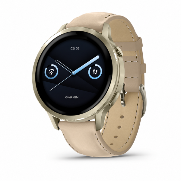Умные часы Garmin Venu 4 41 мм, корпус золотистый Lunar Gold, ремешок силиконовый цвета слоновой кости Bone и светло-песочный кожаный (010-03013-03)