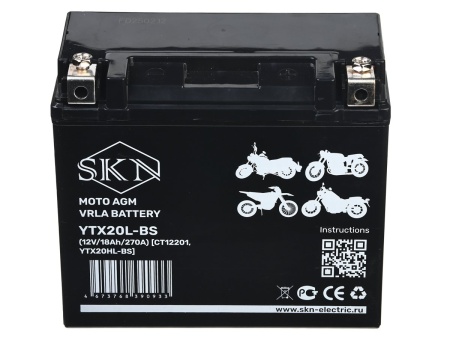 Аккумулятор стартерный для мототехники SKN YTX20L-BS (12V/18Ah/270A) [CT 12201, YTX20HL-BS]