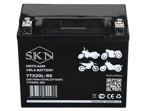 Аккумулятор стартерный для мототехники SKN YTX20L-BS (12V/18Ah/270A) [CT 12201, YTX20HL-BS]