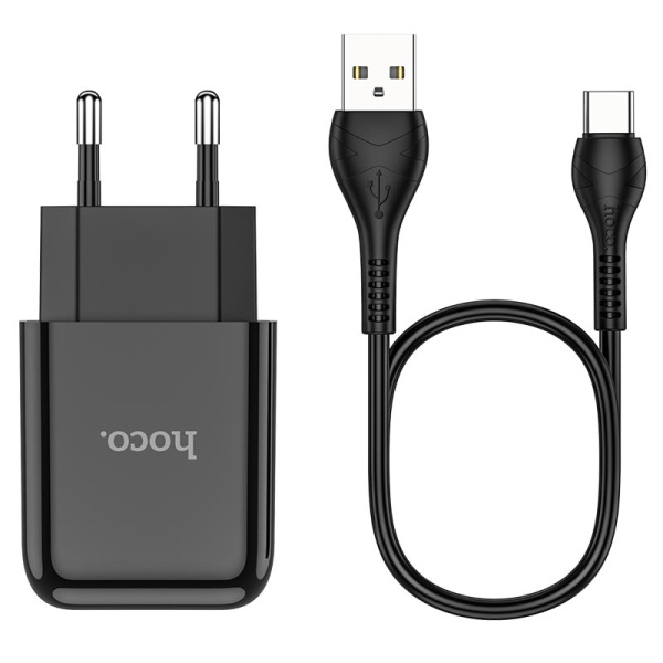 Зарядное устройство HOCO N2 Vigour single USB + Кабель USB-Type-C, 2A (Черный)