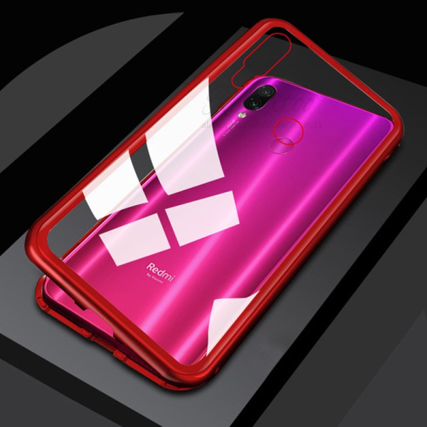 Магнитный чехол /закаленное стекло+встроенный магнит/ для Xiaomi Redmi NOTE 7 красный-прозрачный