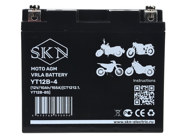 Аккумулятор стартерный для мототехники SKN YT12B-4 (12V/10Ah/155A) [CT 1212.1, YT12B-BS]